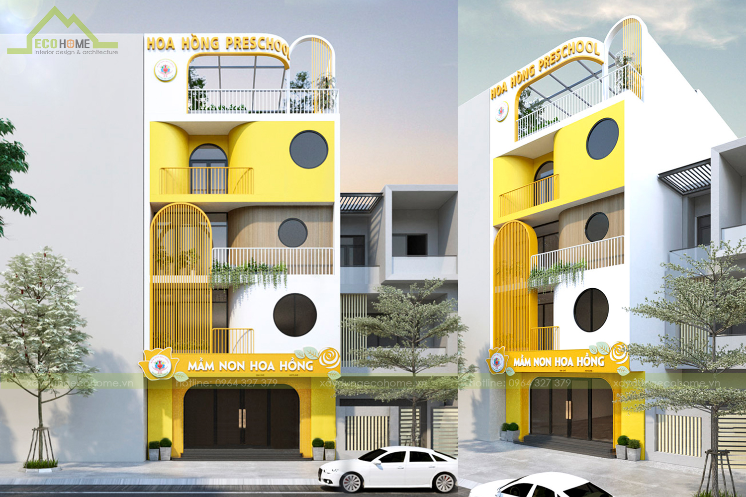 thiết kế kiến trúc trường mầm non hoa hồng